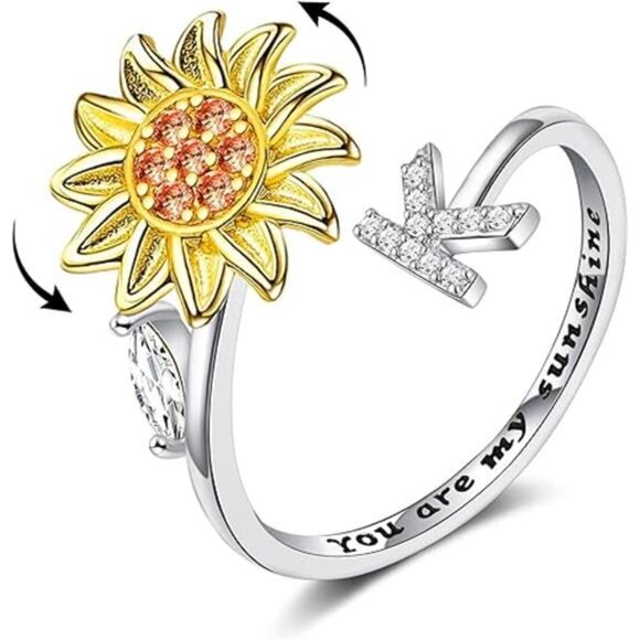 Fidget Rings for Anxiety for Women Sunflower Initial Letter Spinner Ring - Picture 7 of 7